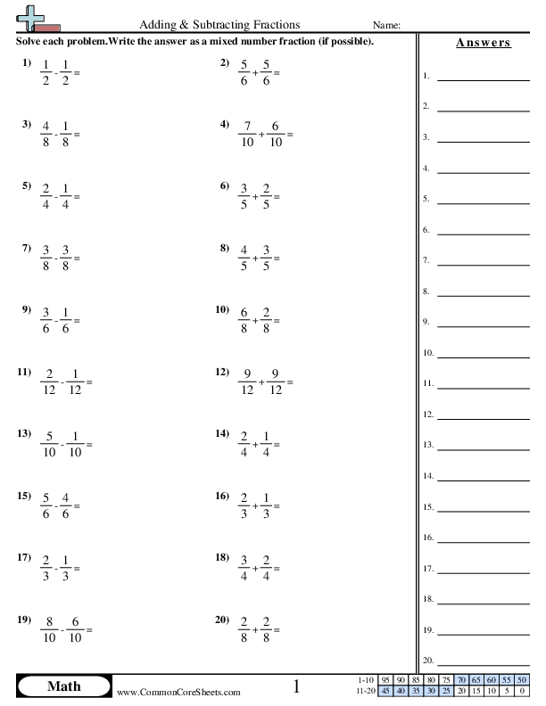 Fraction Worksheets - Adding & Subtracting Fractions (Same Denominator) worksheet